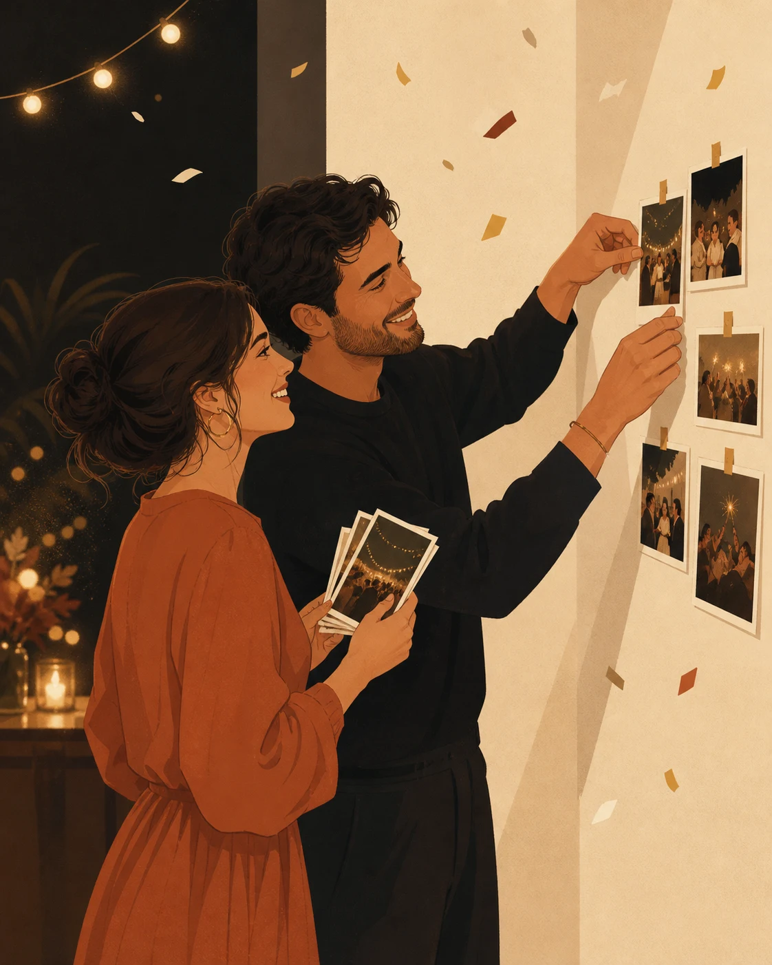 Illustrierte Gäste an einer Wand voller Erinnerungsfotos